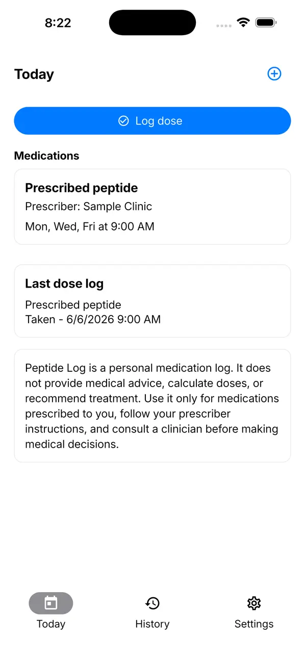Atbit Peptide Log schedule screen with a sample prescribed peptide and last dose log.